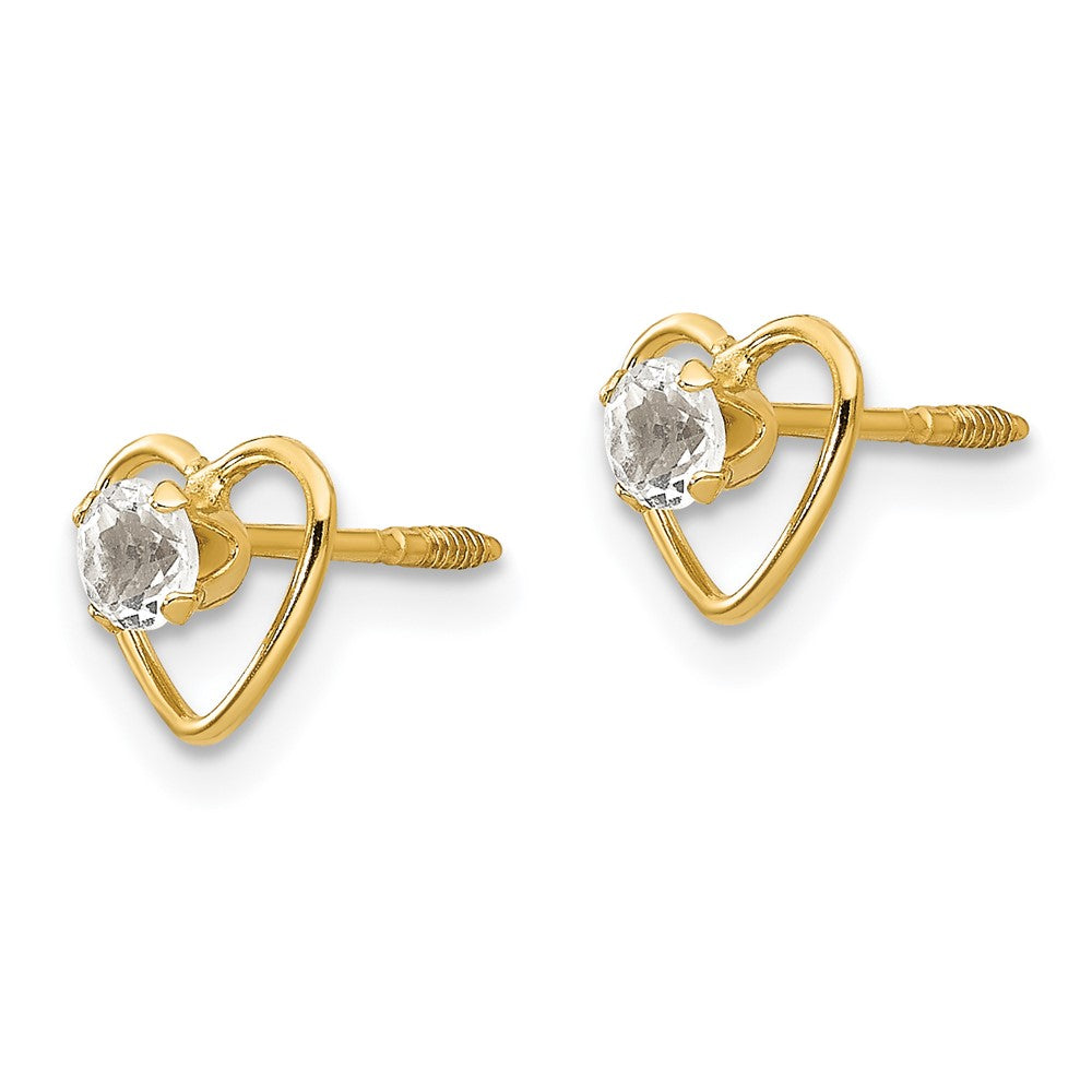 14K Yellow Gold Madi K 3mm Genuine White Topaz Birthstone Heart Earrings