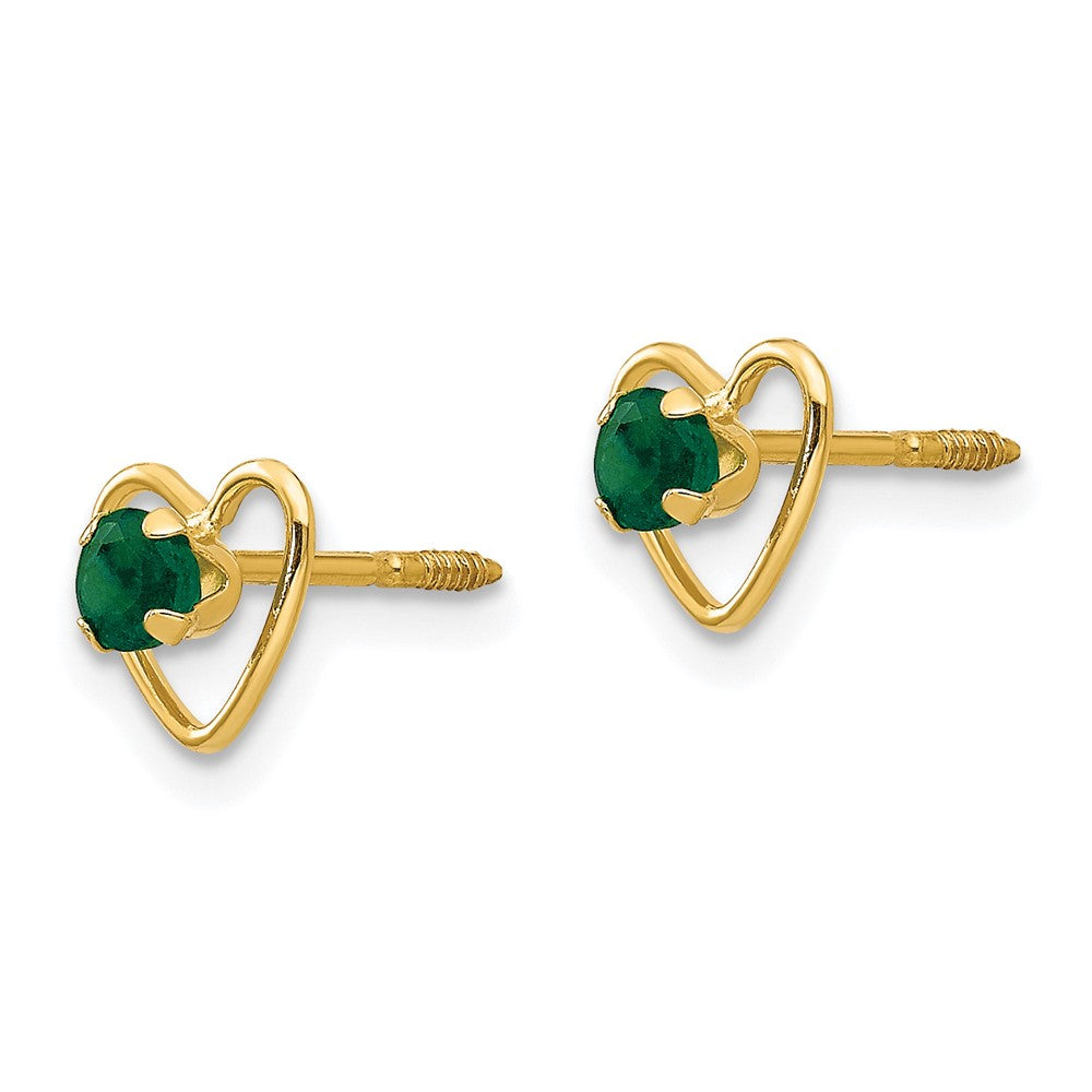 14K Yellow Gold Madi K 3mm Created Emerald Birthstone Heart Earrings