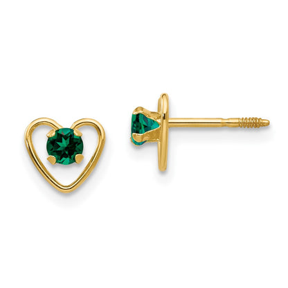 14K Yellow Gold Madi K 3mm Created Emerald Birthstone Heart Earrings
