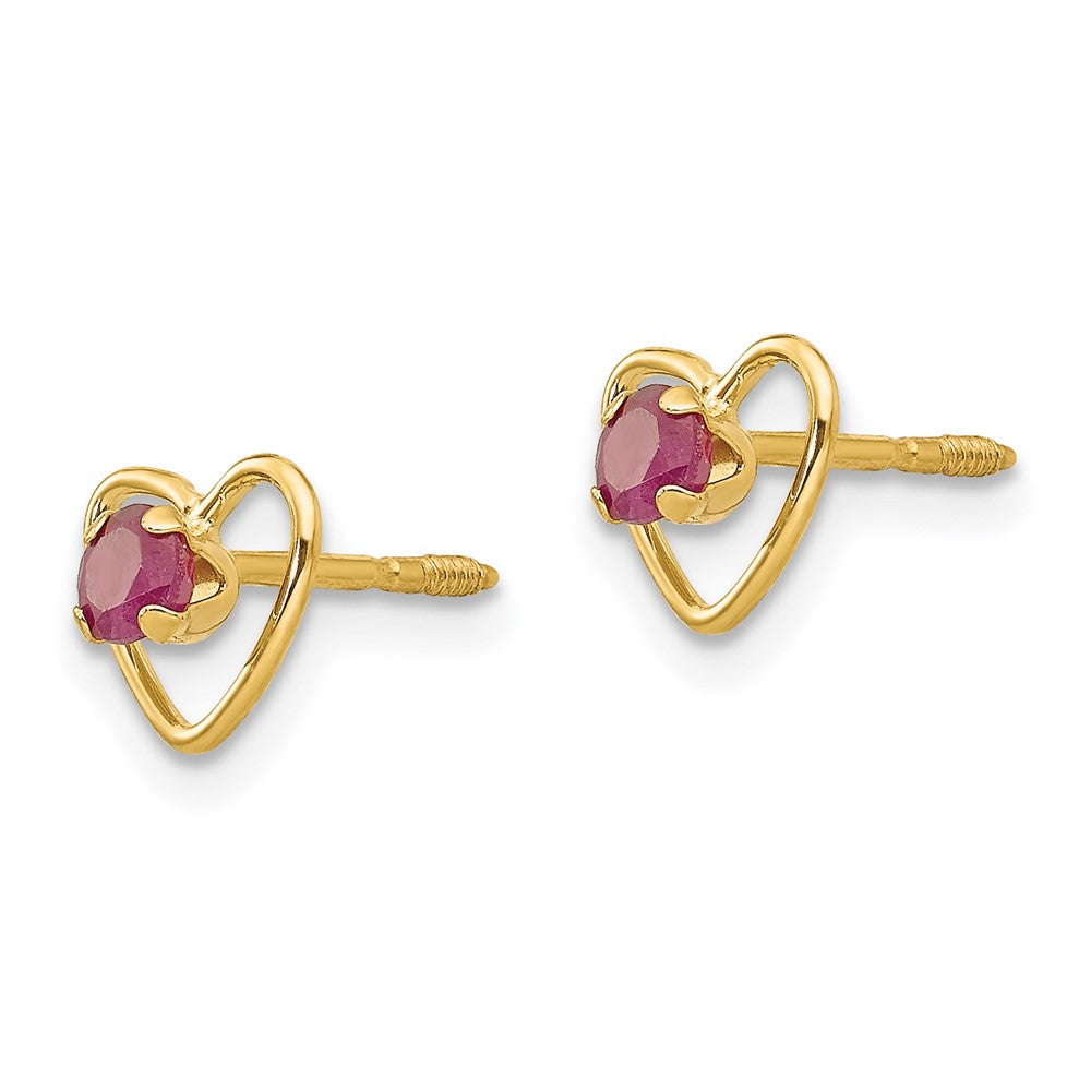 14K Yellow Gold Madi K 3mm Created Ruby Birthstone Heart Earrings