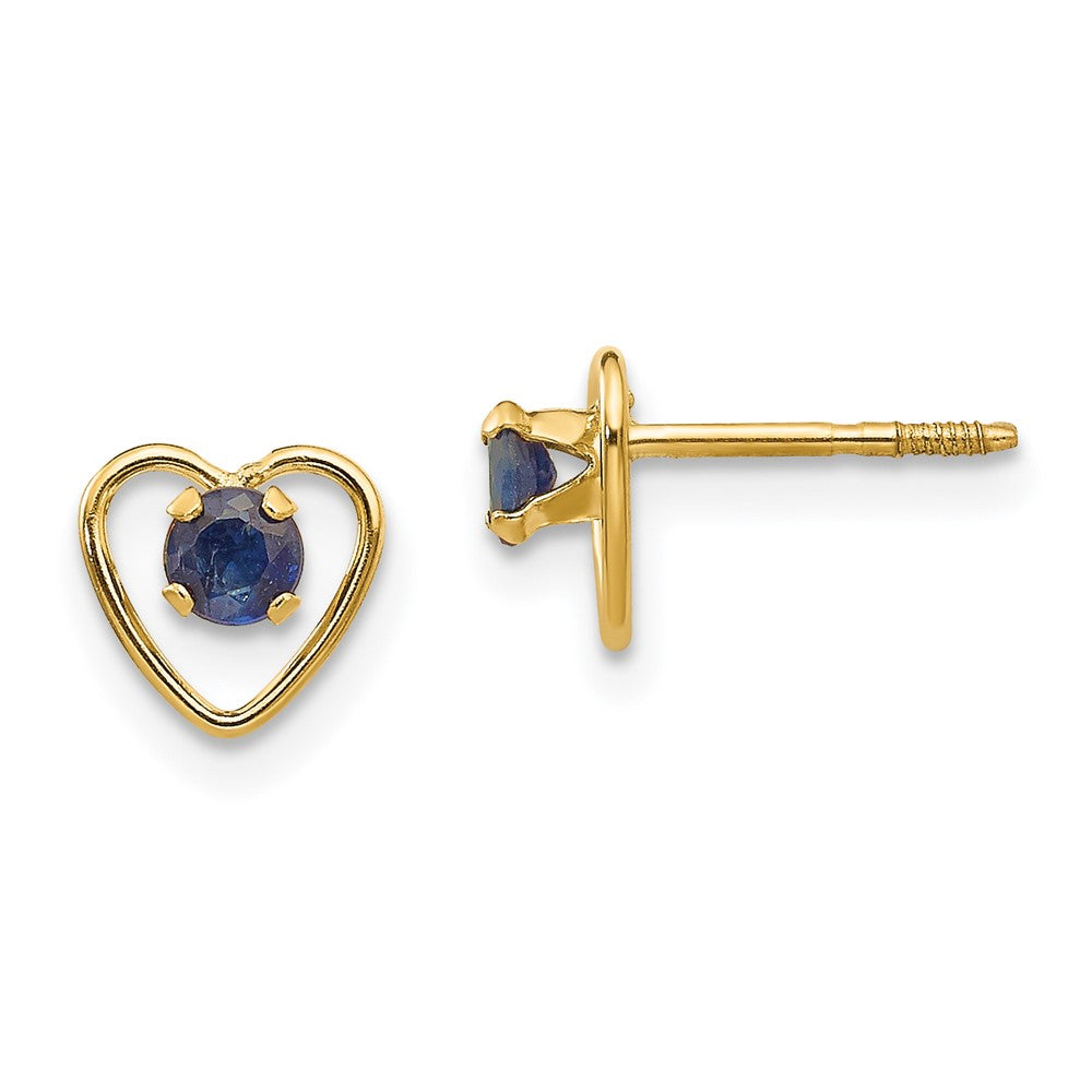 14K Yellow Gold Madi K 3mm Created Sapphire Birthstone Heart Earrings