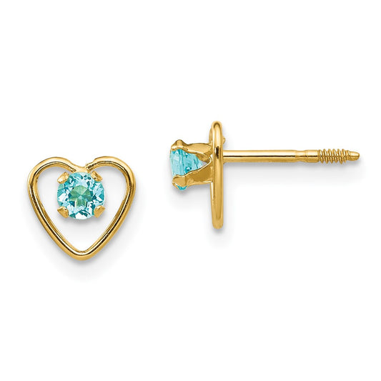 14K Yellow Gold Madi K 3mm Genuine Blue Topaz Birthstone Heart Earrings