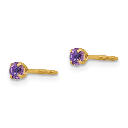 14K Yellow Gold Madi K 3mm Imitation Amethyst Birthstone Earrings (Feb)
