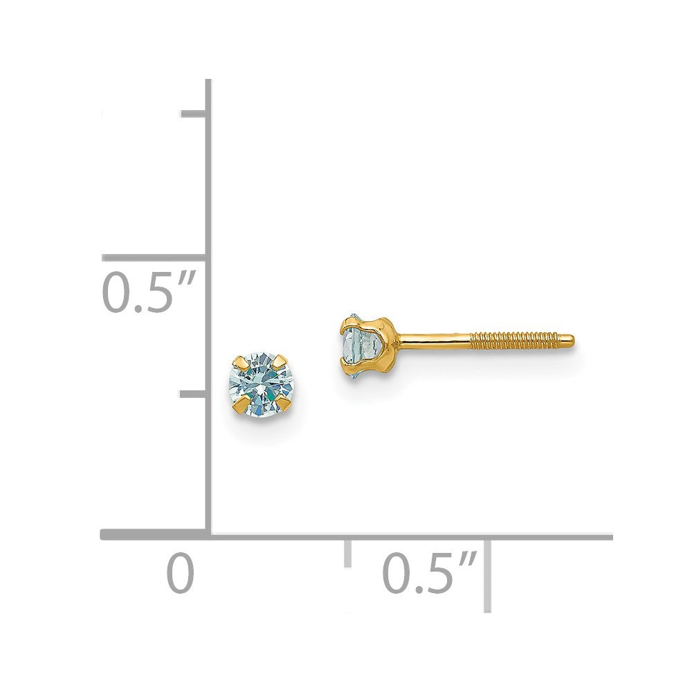 14K Yellow Gold Madi K 3mm Imitation Aquamarine Birthstone Earrings (Mar)