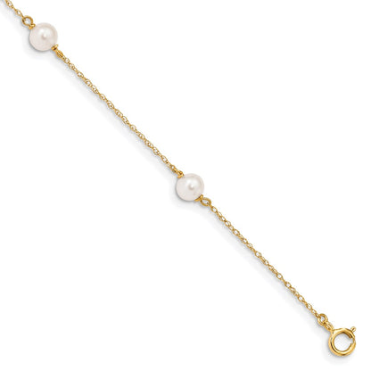 14K Yellow Gold Madi K 5 6mm White Near Round Freshwater Cultured Pearl 3 Station 6 Inch Bracelet