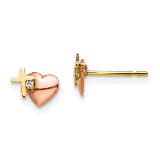 14K Two Tone Yellow & Rose Gold Madi K Cz Heart And Cross Post Earrings