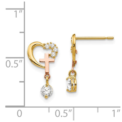 14K Two Tone Madi K Cz Children'S Cross & Heart Post Earrings