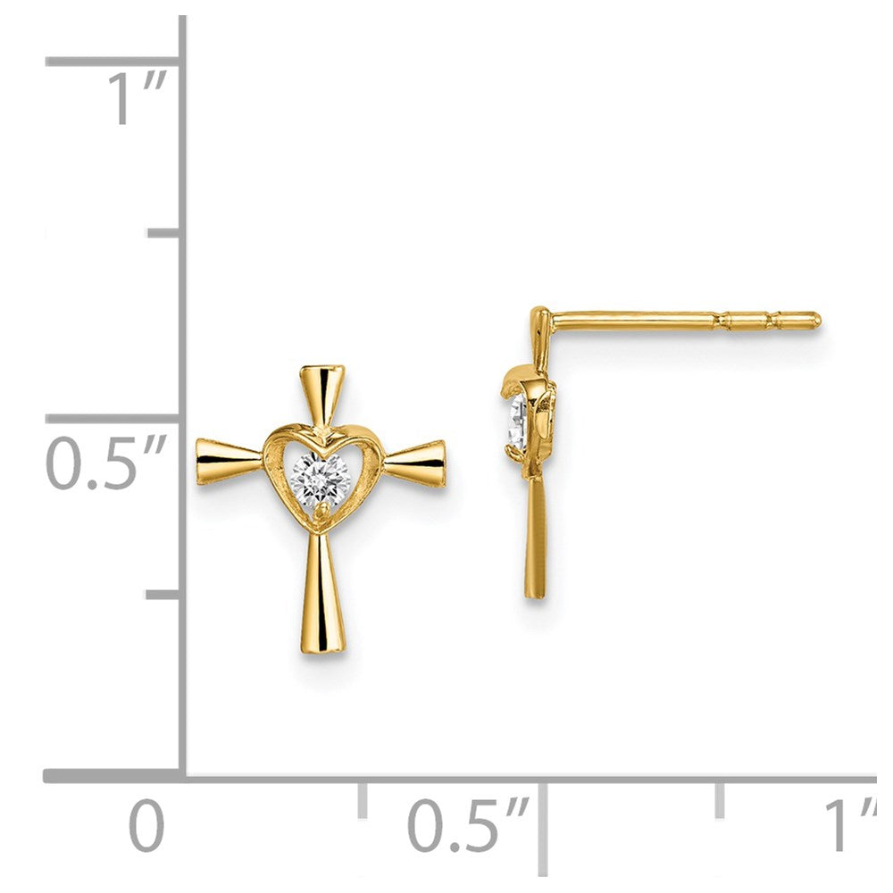14K Yellow Gold Madi K Cz Cross With Heart Post Earrings