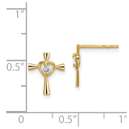 14K Yellow Gold Madi K Cz Cross With Heart Post Earrings