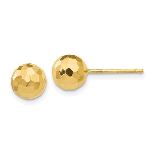 14K Yellow Gold Polished And Diamond Cut 7mm Ball Post Earrings