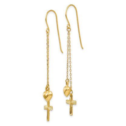 14K Yellow Gold Ropa Chain Puffed Heart And Diamond Cut Cross Dangle Earrings