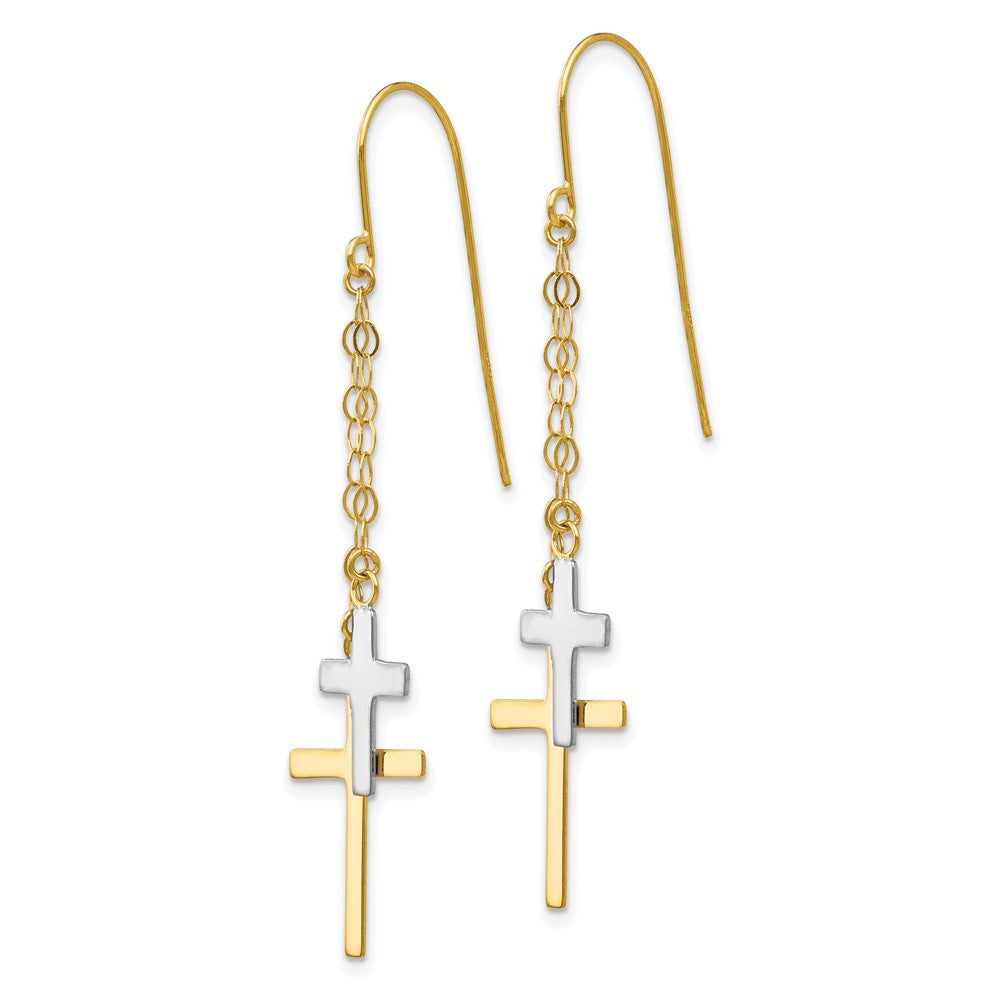 14K Two Tone Chain Dangle Cross Shepherd Hook Earrings