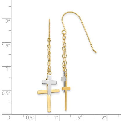 14K Two Tone Chain Dangle Cross Shepherd Hook Earrings