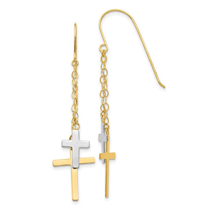14K Two Tone Chain Dangle Cross Shepherd Hook Earrings