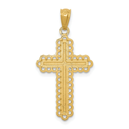14K Yellow & Rhodium W/Rhodium Diamond-Cut Budded Cross Pendant
