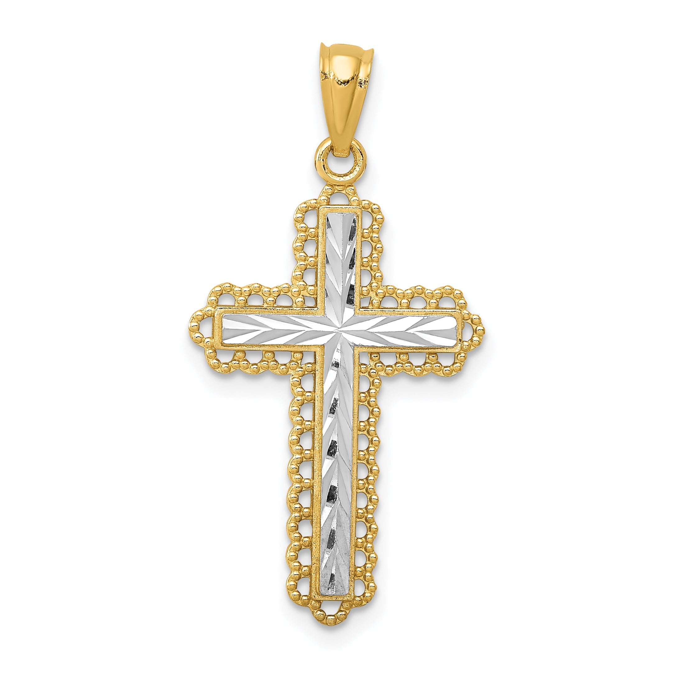 14K Yellow & Rhodium W/Rhodium Diamond-Cut Budded Cross Pendant