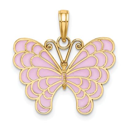 14K Yellow Gold Lavender Enameled Butterfly Pendant
