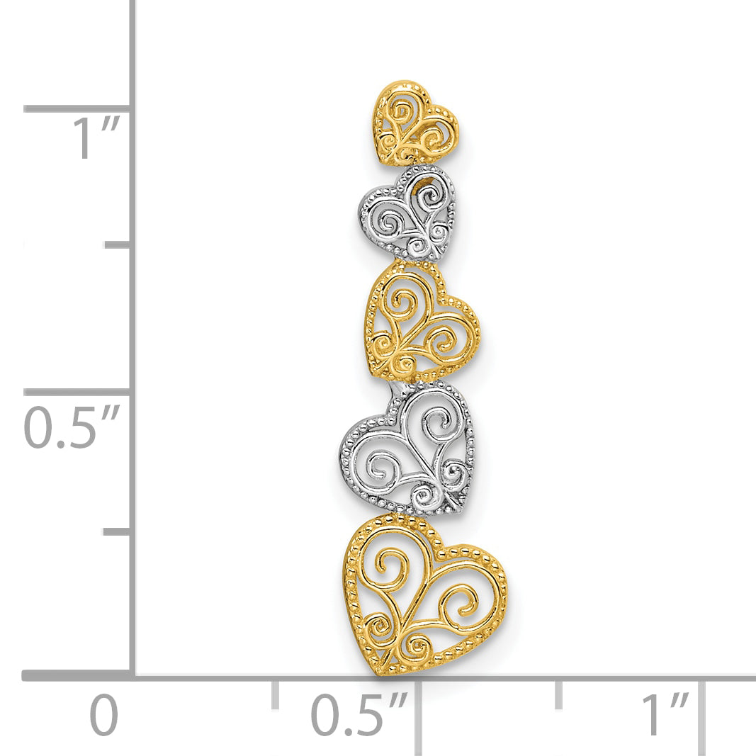 14K Two-Tone Polished Filigree Vertical Hearts Chain Slide