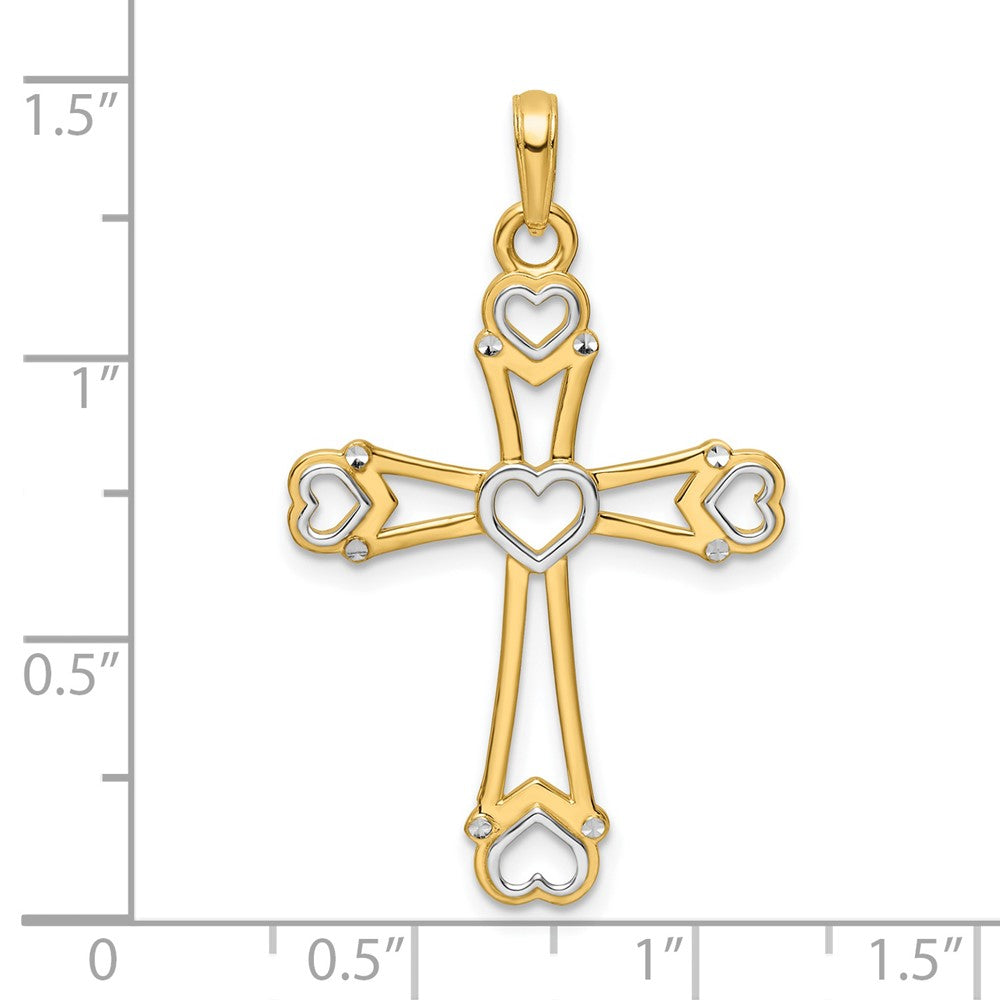 14k Yellow & Rhodium Gold w/Rhodium D/C Cross w/Hearts Pendant