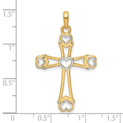 14k Yellow & Rhodium Gold w/Rhodium D/C Cross w/Hearts Pendant