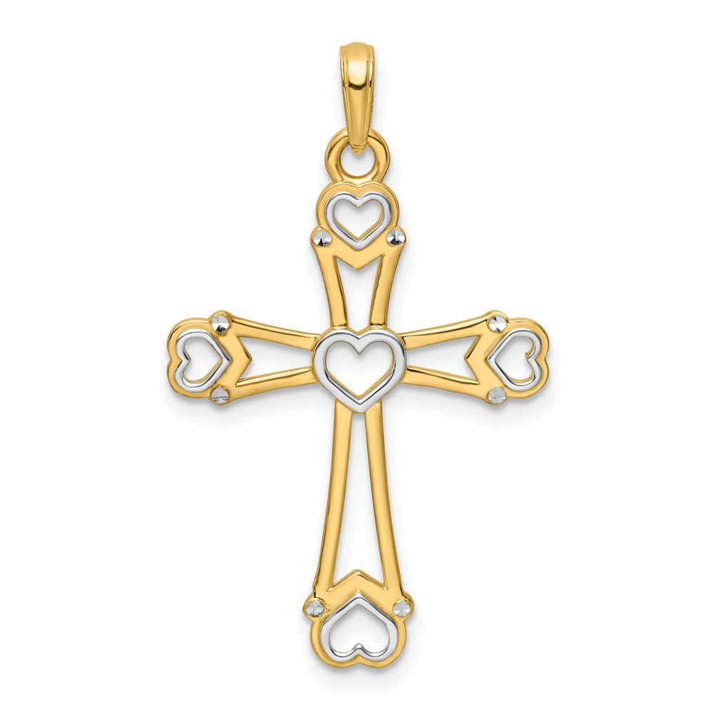 14k Yellow & Rhodium Gold w/Rhodium D/C Cross w/Hearts Pendant