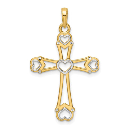 14k Yellow & Rhodium Gold w/Rhodium D/C Cross w/Hearts Pendant