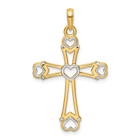 14k Yellow & Rhodium Gold w/Rhodium D/C Cross w/Hearts Pendant