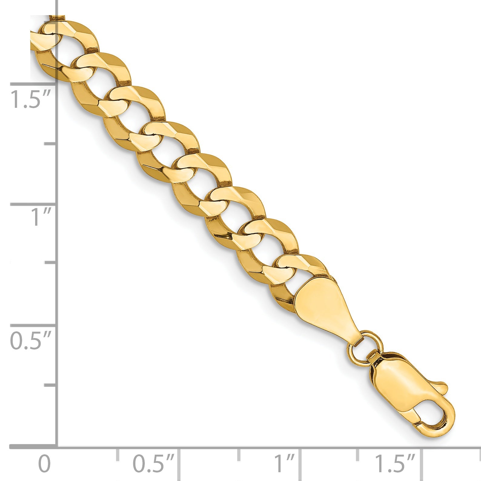 14K Yellow Gold 9 Inch 7.2mm Lightweight Flat Cuban With Lobster Clasp Chain Bracelet