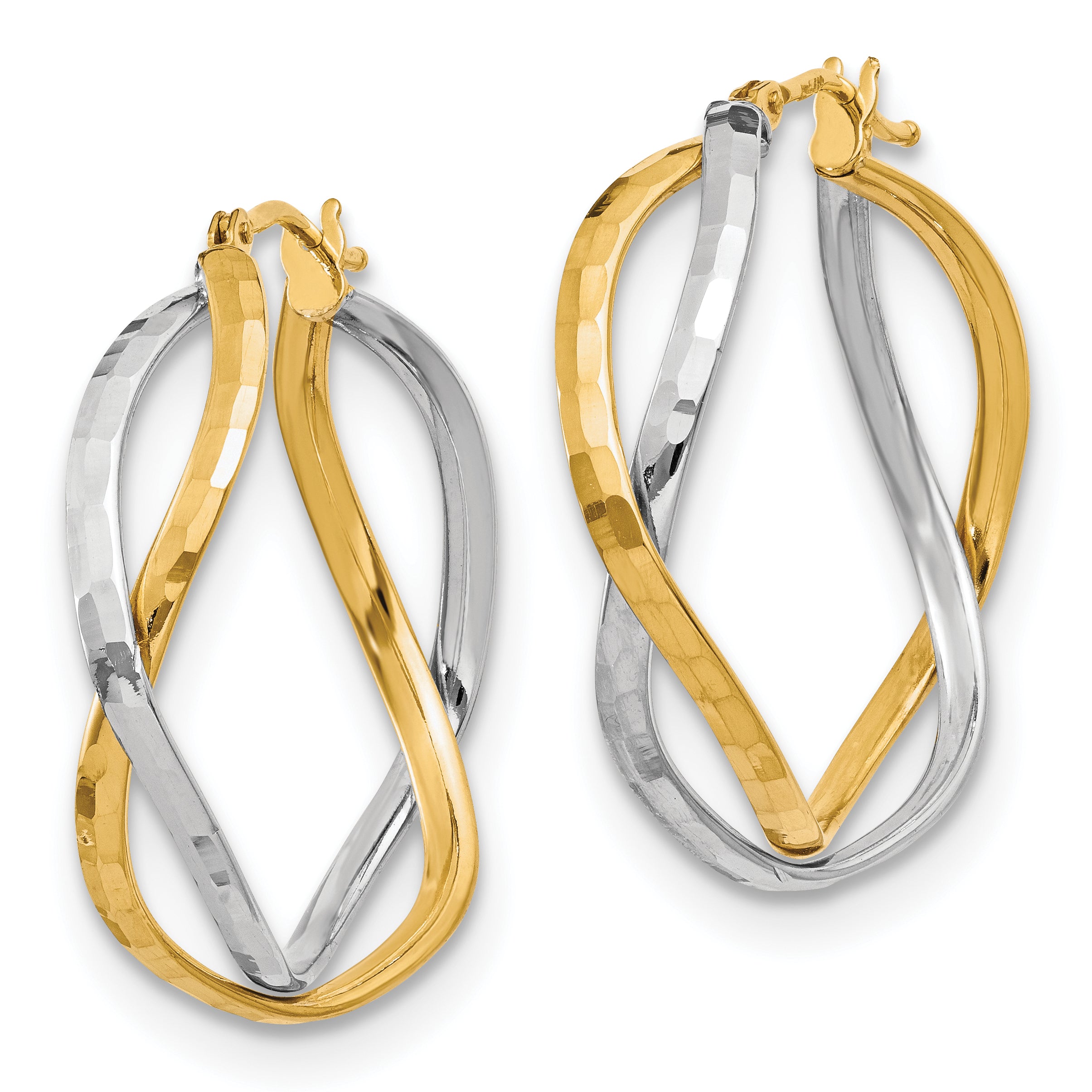 14K Yellow & Rhodium With Polished Criss Cross Hoop Earrings