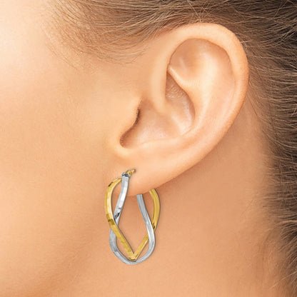 14K Yellow & Rhodium With Polished Criss Cross Hoop Earrings