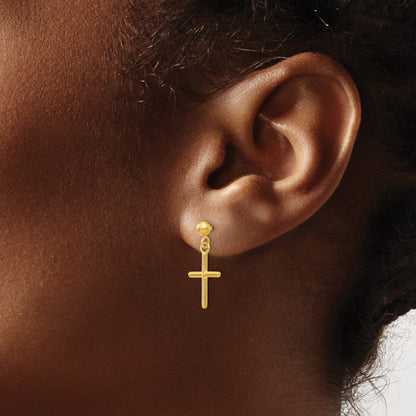 14K Yellow Gold Polished Cross Post Drop Earrings