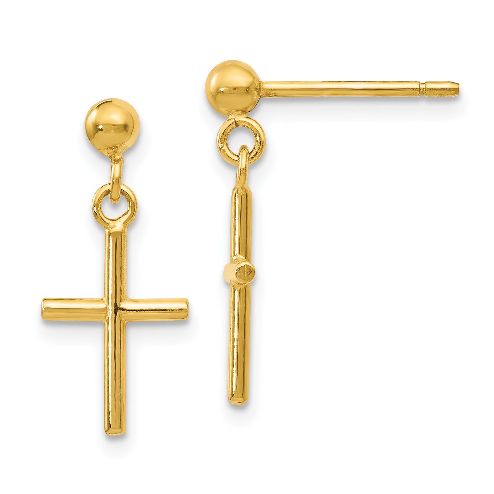 14K Yellow Gold Polished Cross Post Drop Earrings