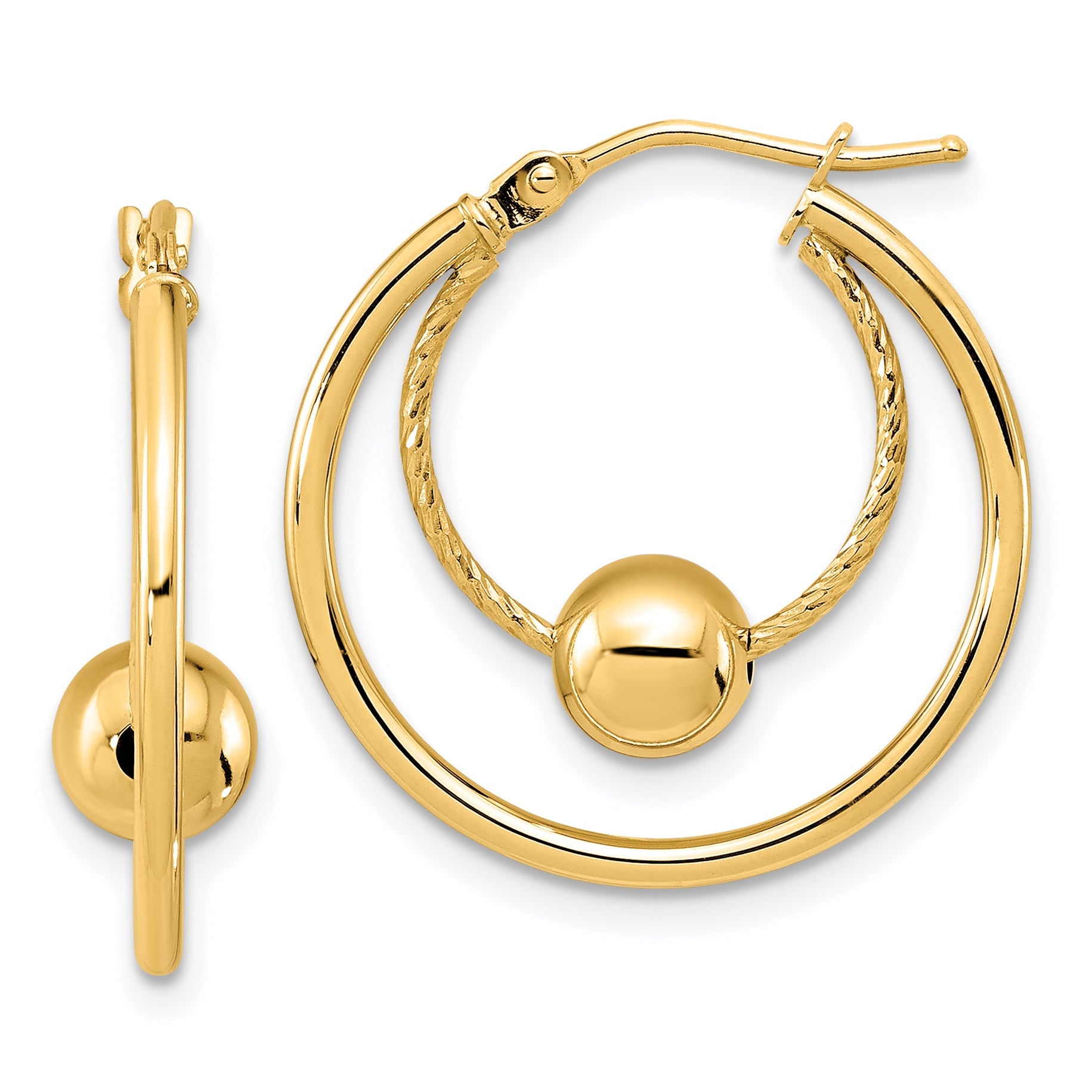 14K Yellow Gold Polished Textured W/ 6mm Ball Hoop Earrings