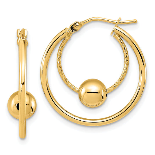 14K Yellow Gold Polished Textured W/ 6mm Ball Hoop Earrings