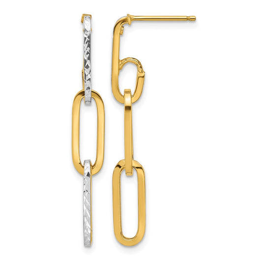 14K Yellow & Rhodium With White Pol And Diamond Cut Link Dangle Earrings