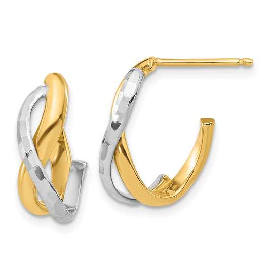 14K Yellow & Rhodium Polished/Diamond Cut J Hoop Post Earrings