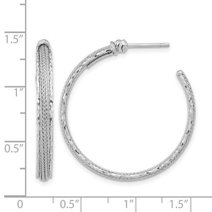 14K White Gold Diamond Cut And Textured Post Hoop Earrings