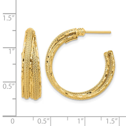 14K Yellow Gold Diamond Cut And Textured Post Hoop Earrings