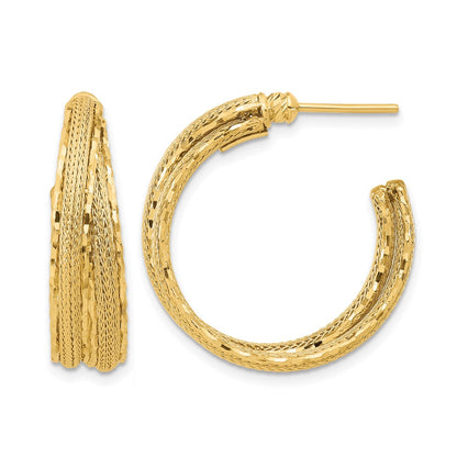 14K Yellow Gold Diamond Cut And Textured Post Hoop Earrings