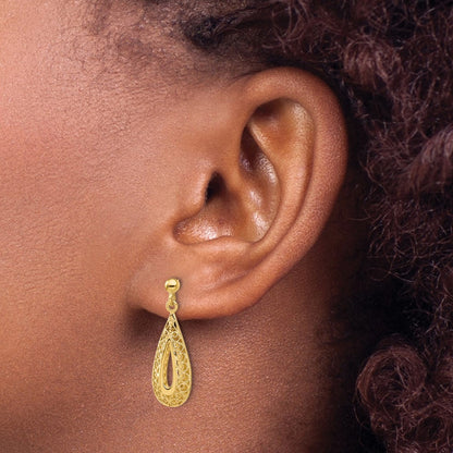 14K Yellow Gold Filigree Teardrop Post Dangle Earrings