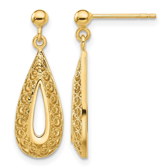 14K Yellow Gold Filigree Teardrop Post Dangle Earrings