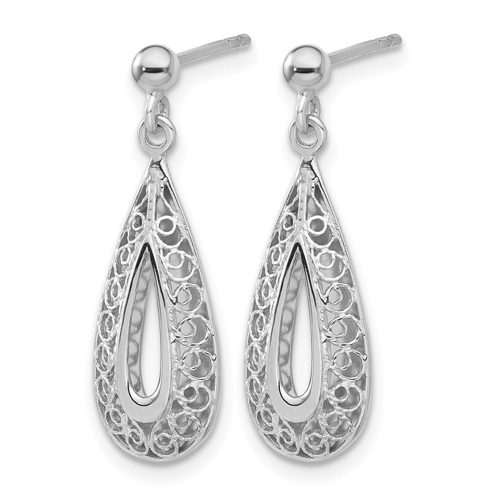 14K White Gold Filigree Teardrop Post Dangle Earrings