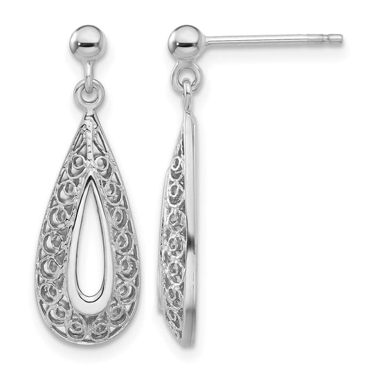 14K White Gold Filigree Teardrop Post Dangle Earrings