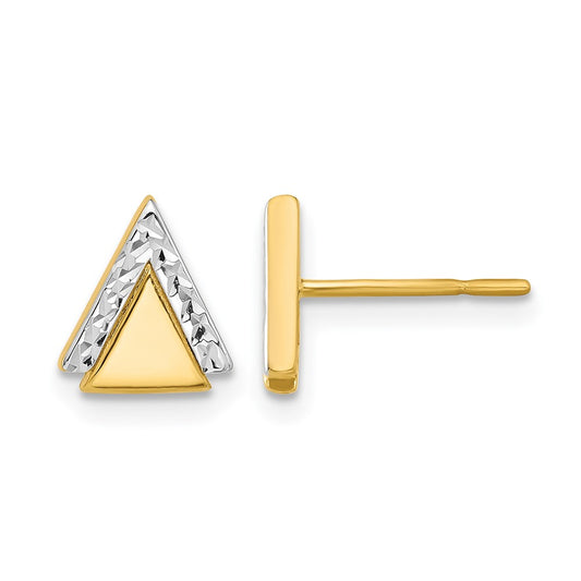 14K Yellow Gold With Rhodium Polished And Diamond Cut Triangle Post Earrings