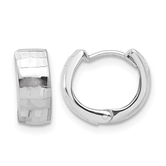 14K White Gold Polished And Diamond Cut Huggie Hoop Earrings