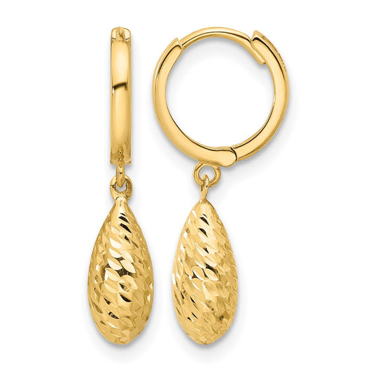 14K Yellow Gold Polished And Diamond Cut Dangle Hoop Earrings