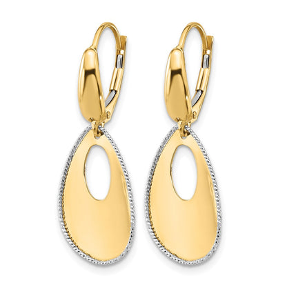 14K Two Tone Polished/Dia Cut Teardrop Dangle Leverback Earrings