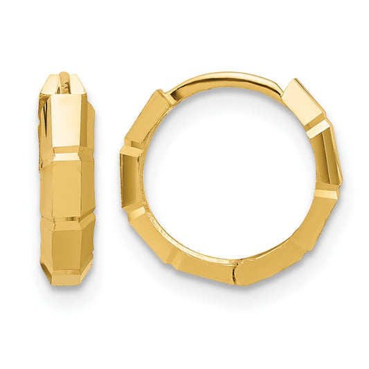 14K Yellow Gold Polished And Diamond Cut Huggie Hoop Earrings