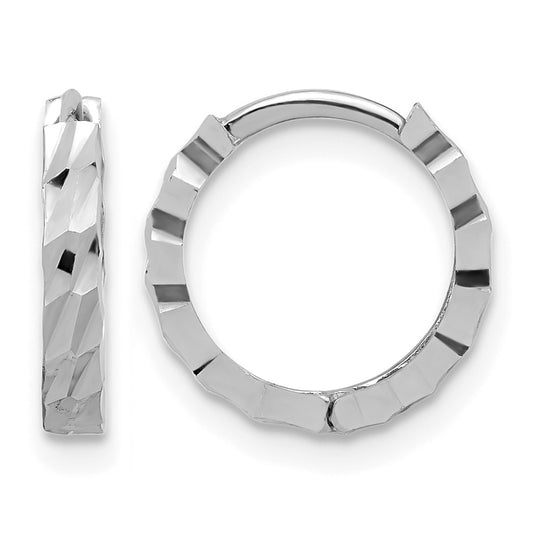 14K White Gold Polished/Diamond Cut Huggie Hoop Earrings