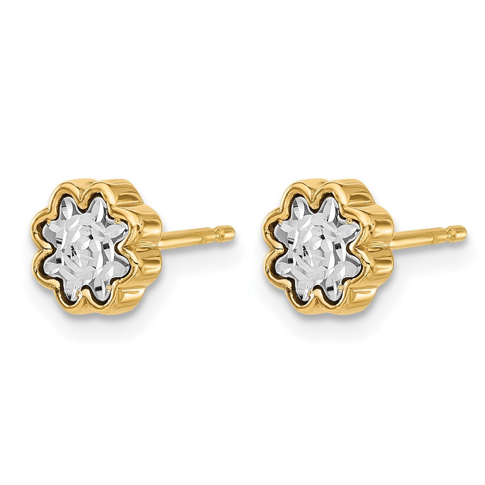 14K Two Tone Polished And Diamond Cut Flower Post Earrings